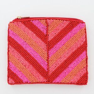 New KAY LEE NY Beaded Red/Pink Chevron Coin Purse/Makeup Bag ❤️Made in India❤️